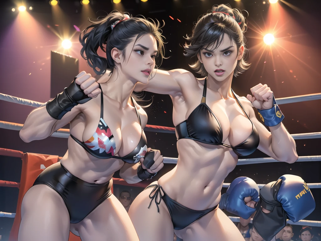 ,(catwoman:1.1),(women:1.4),bikini,(Throw your fist forward.:1.2),(boxing ring:1.4),full_shot,claw_pose,cat_pose,(angry:1.2),evil,(cam:1.3),(รอยเลือด รอยถลอก:1.5), โกรธ, ต่อสู้