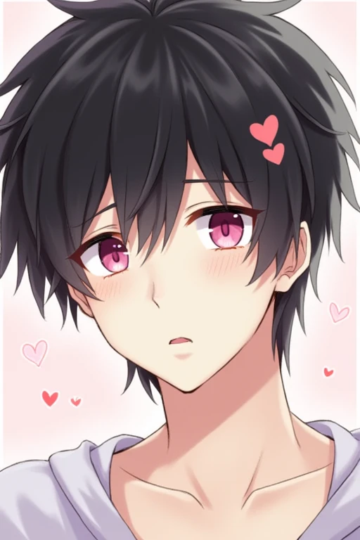 bangs, Droopy eyes, Three white eyes, Yandere, Hearts in eyes, Black Hair, 斜めbangs, Natural curls, Inner Color, Very short hair, Simple Background, Background blur, Japanese illustration style, male,Mash Hair,Pink Eyes