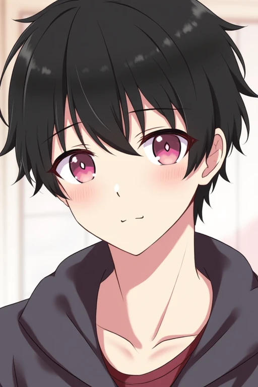 bangs, Droopy eyes, Three white eyes, Yandere, Hearts in eyes, Black Hair, 斜めbangs, Natural curls, Inner Color, Very short hair, Simple Background, Background blur, Japanese illustration style, male,Mash Hair,Pink Eyes