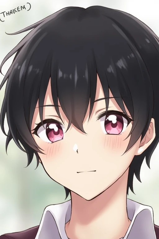 bangs, Droopy eyes, Three white eyes, Yandere, Hearts in eyes, Black Hair, 斜めbangs, Natural curls, Inner Color, Very short hair, Simple Background, Background blur, Japanese illustration style, male，Mash Hair,Pink Eyes