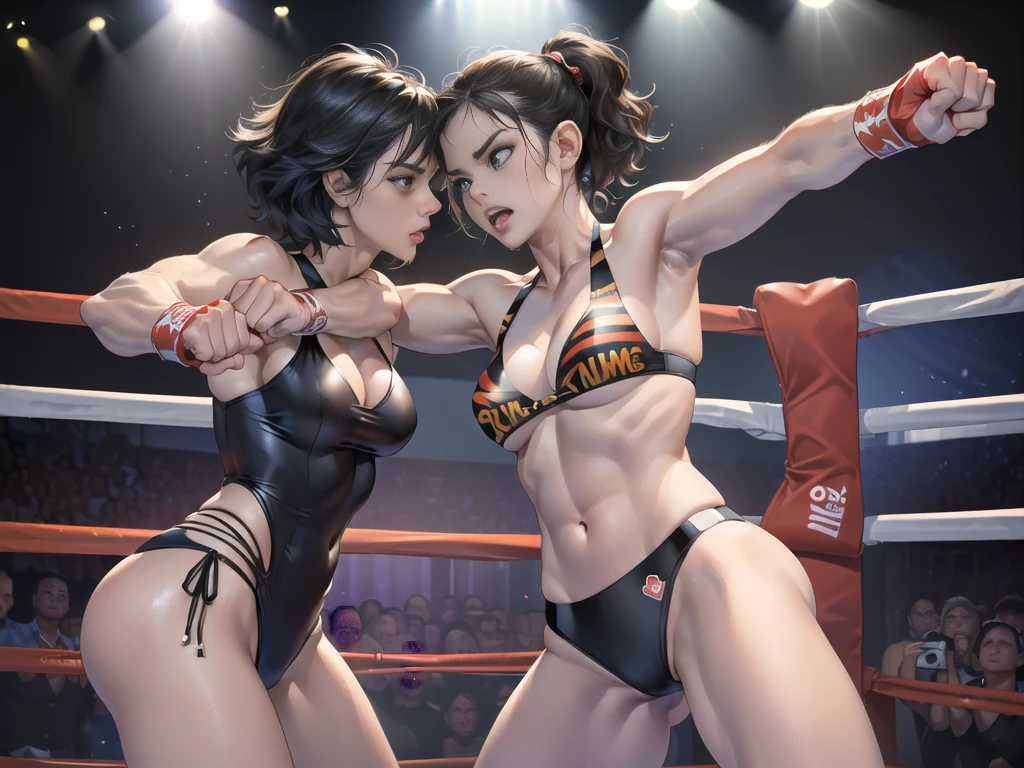 ,(catwoman:1.1),(women:1.4),bikini,(Throw your fist forward.:1.2),(boxing ring:1.4),full_shot,claw_pose,cat_pose,(angry:1.2),evil,(cam:1.3),(รอยเลือด รอยถลอก:1.5), โกรธ, ต่อสู้