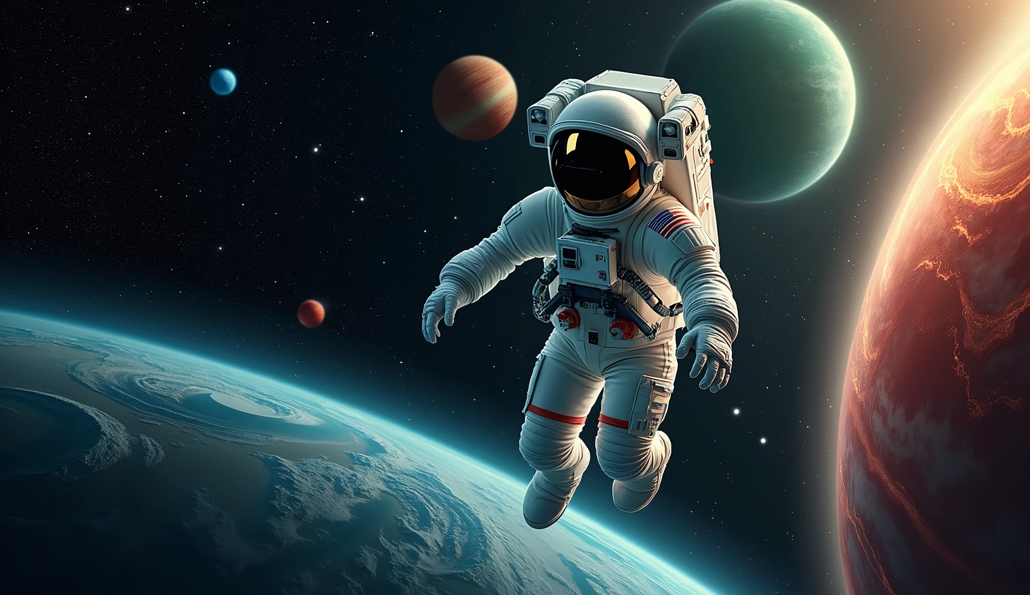 Create an astronaut for me floating in space with some beautiful planets and a very good view