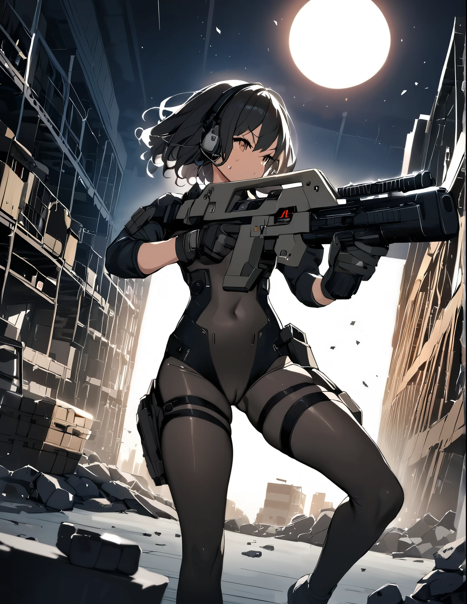 1girl, solo, short hair, black hair, brown eyes, skintight, astronaut, black leatord, tactical gear, gloves, headset, sweat, serious expression, holding gun, m41apls, aiming, trigger discipline, dutch angle, indoors, warehouse, dark, night, debris, backlighting, new york backdrop, smoke, best quality, masterpiece, alien creature behind her.