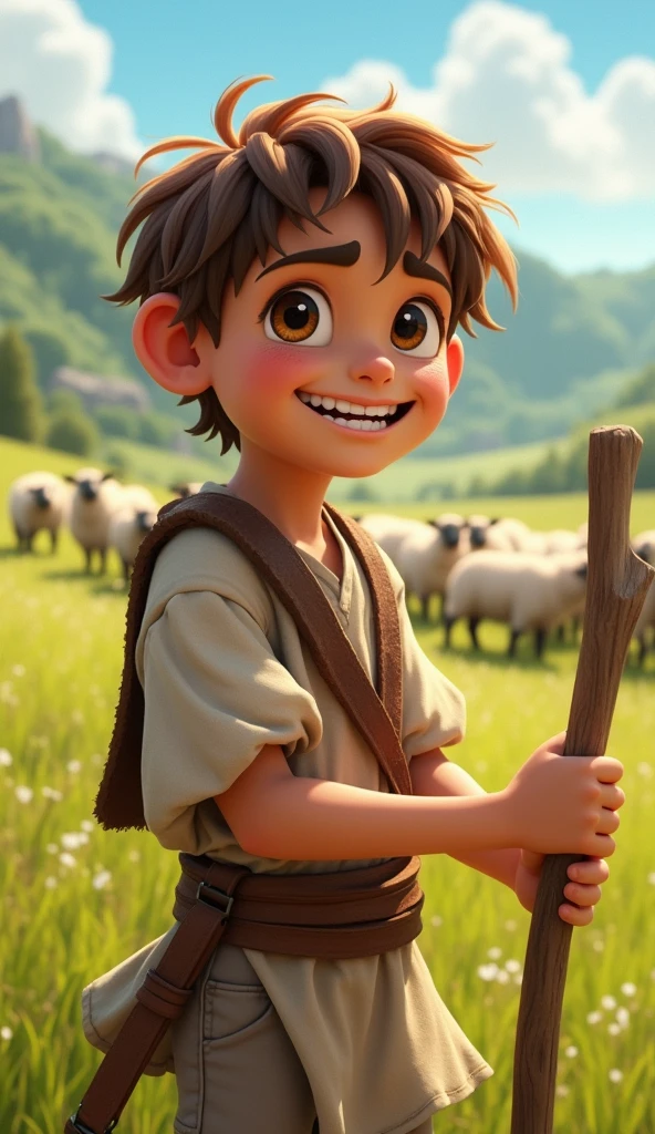 A close-up of the boy with a mischievous grin on his face. The background shows his thought bubble with an exaggerated image of a fierce wolf chasing sheep. His eyes are wide with excitement as he gets the idea to cry wolf.
The Shepherd Boy is 10-. A young boy with tousled brown hair, bright eyes, and a youthful face. He wears simple, rugged clothes typical of a shepherd—loose tunic, shorts or trousers, and sandals. He carries a shepherd's staff, which he leans on when watching over the sheep.