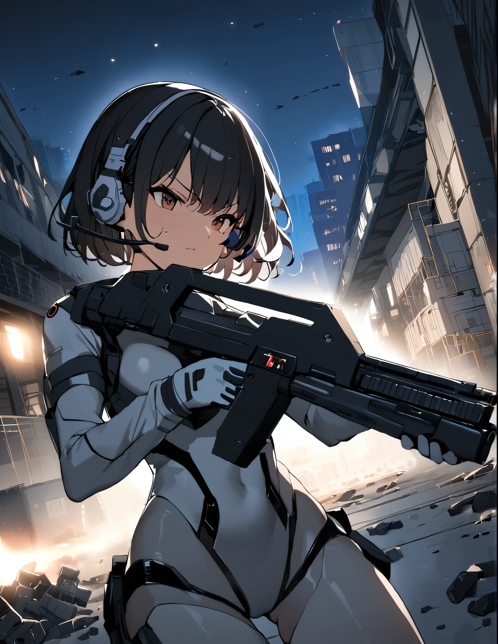 1girl, solo, short hair, black hair, brown eyes, skintight, astronaut, black leatord, tactical gear, gloves, headset, sweat, serious expression, holding gun, m41apls, aiming, trigger discipline, dutch angle, indoors, warehouse, dark, night, debris, backlighting, new york backdrop, smoke, best quality, masterpiece, alien creature behind her.