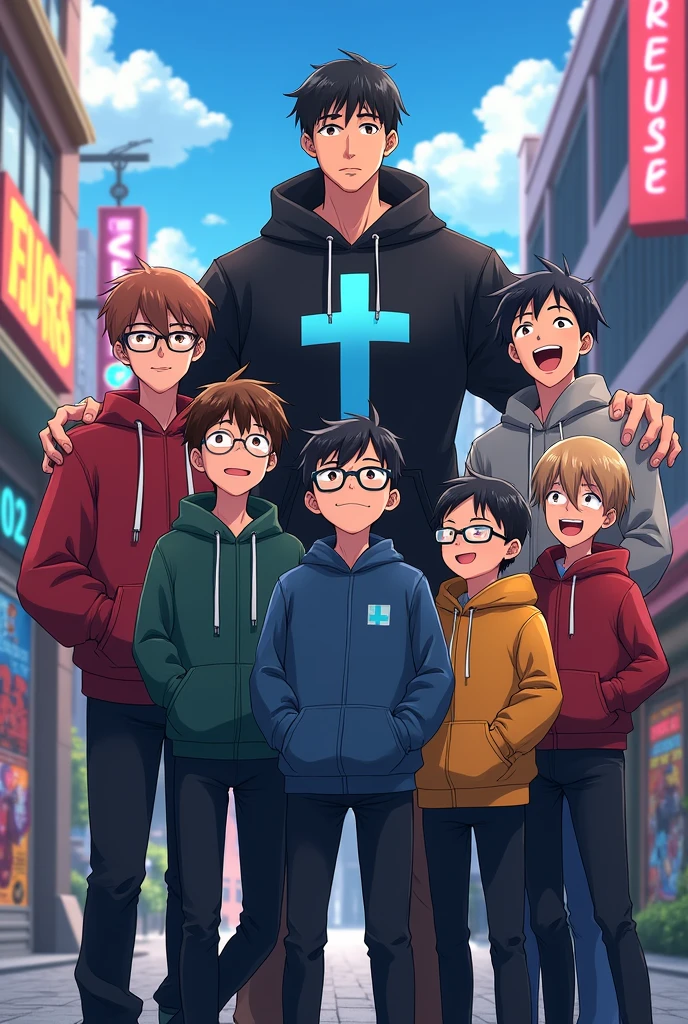 7 anime boys. 1st one wears glasses. 2nd is really short. 3rd one is a bit fat. Forth one wears a black hoodie and have a light blue cross on it. 5th one is tall. 6th one is normal. 7th one is normal. All has black hair.