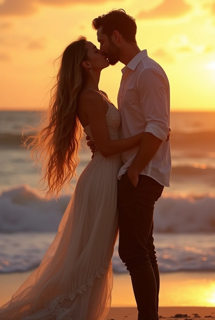 Beautiful girl with big boops and but kissing a man 