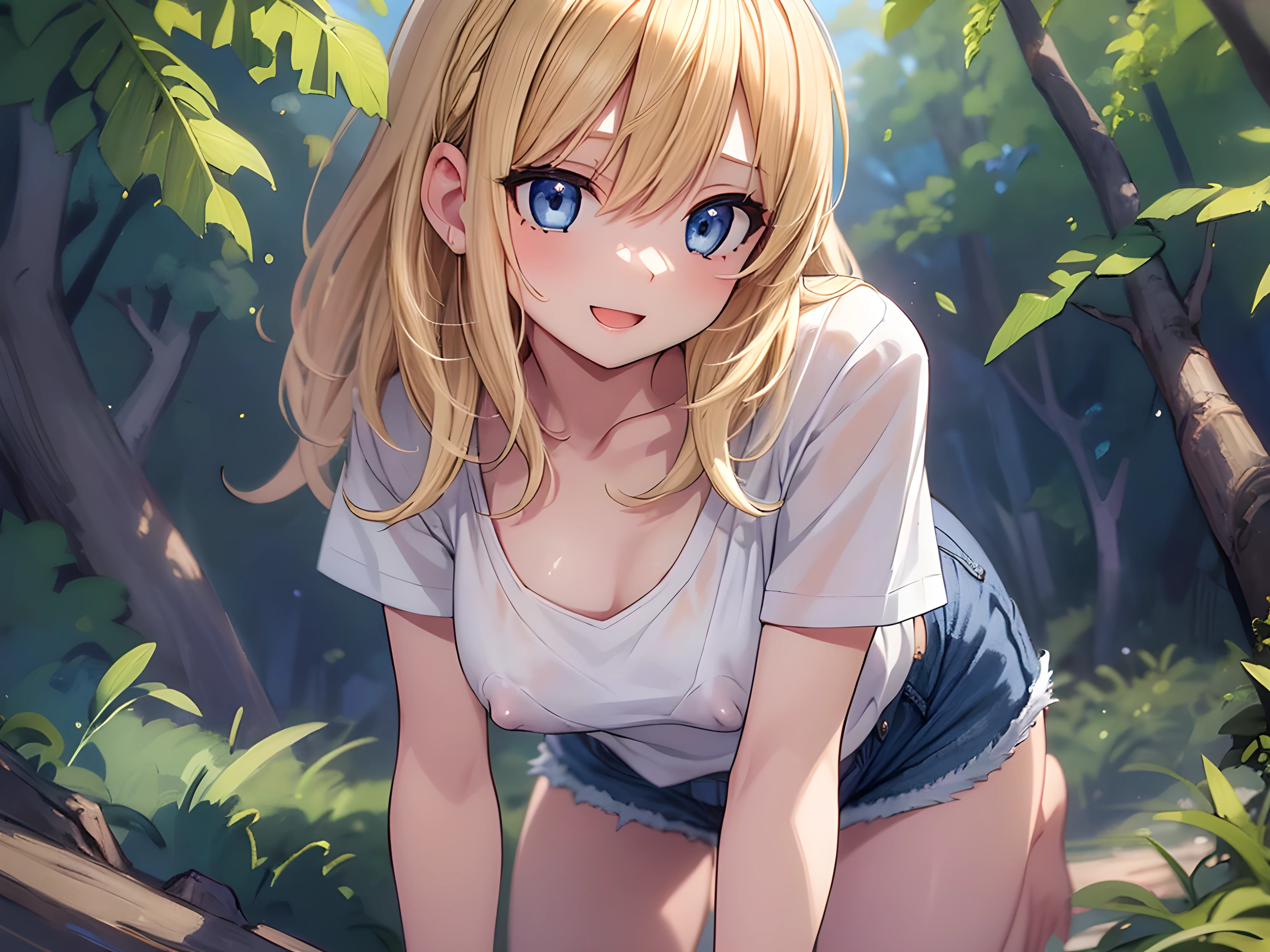 intricate detailed, detailed skin, detailed hair, 1girl, original,
blonde hair, medium hair, bangs, shiny skin, beautiful blue eyes, natural small breasts, curvy,
cowboy shot, front shot, smile with open mouth, all fours, white T-shirt, denim shorts, beautiful downblouse, beautiful nipples,
best quality, masterpiece, absurdres,