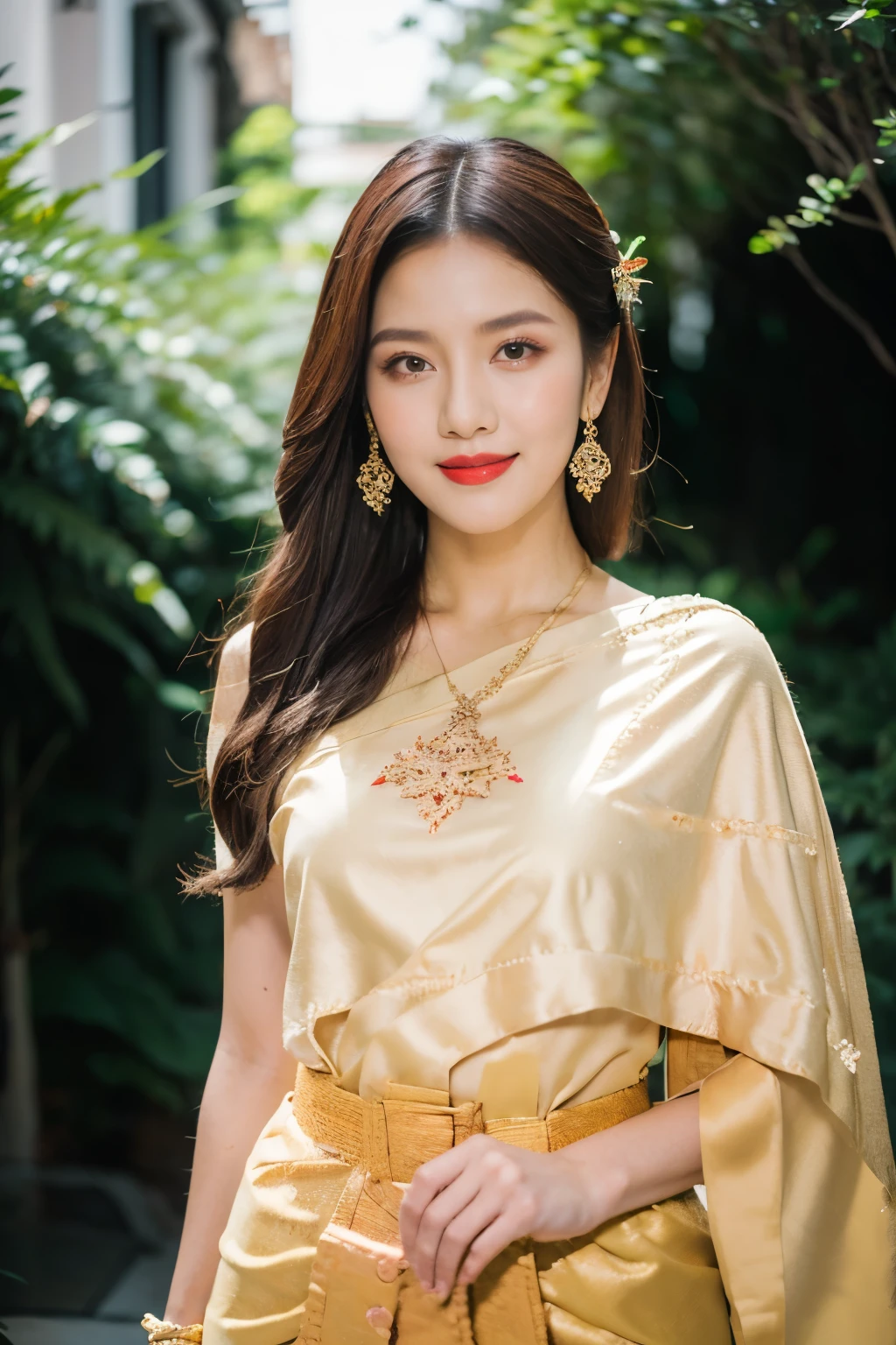 Detailed faces, Clear face, Beautiful Girl, Asian makeup, Red lips, Smile, Brown hair, Crown, half body, big breasts, Thai fairy costume, Thai vintage style, Antique, mid-sexy dress, Red costume, HD, Random Pose, Evening light, flower garden background.