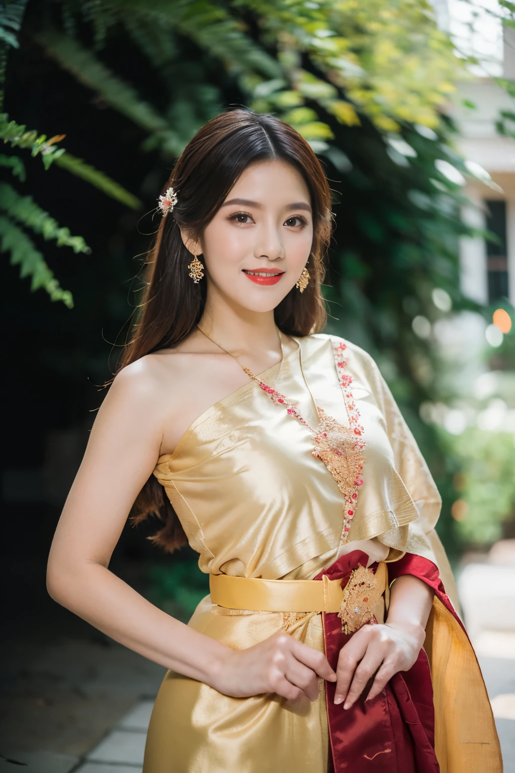 Detailed faces, Clear face, Beautiful Girl, Asian makeup, Red lips, Smile, Brown hair, Crown, half body, big breasts, Thai fairy costume, Thai vintage style, Antique, mid-sexy dress, Red costume, HD, Random Pose, Evening light, flower garden background.