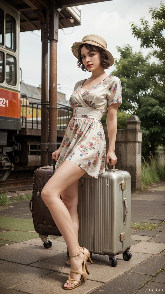 Location: Old railway station
Pose: Model is sitting on a suitcase, one leg is bent, Holds knee with arms.
cloth: Vintage dress with large floral print, hat.
Appearance: short wavy hair, pale skin, bright lipstick.