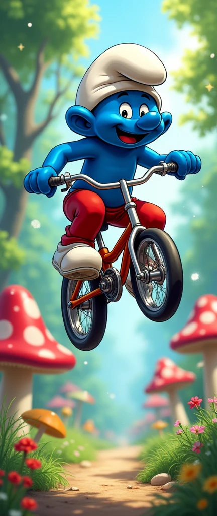 Today's challenge theme：Anime Art, Papa Smurf Riding a Bicycle doing acrobatic stunts