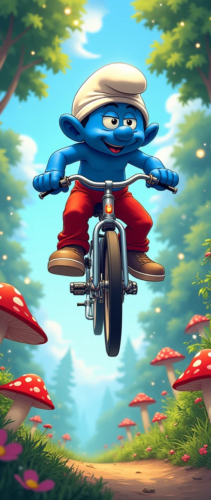 Today's challenge theme:Anime Art, Papa Smurf Riding a Bicycle doing acrobatic stunts