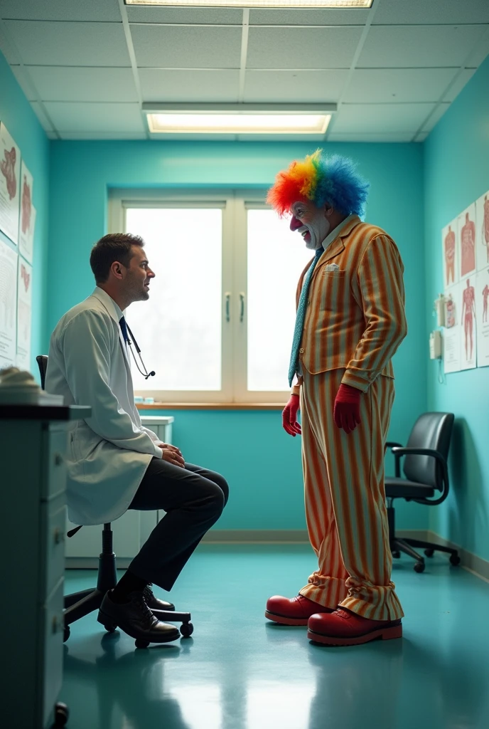 A doctor talked with his joker mad patient who was stand up