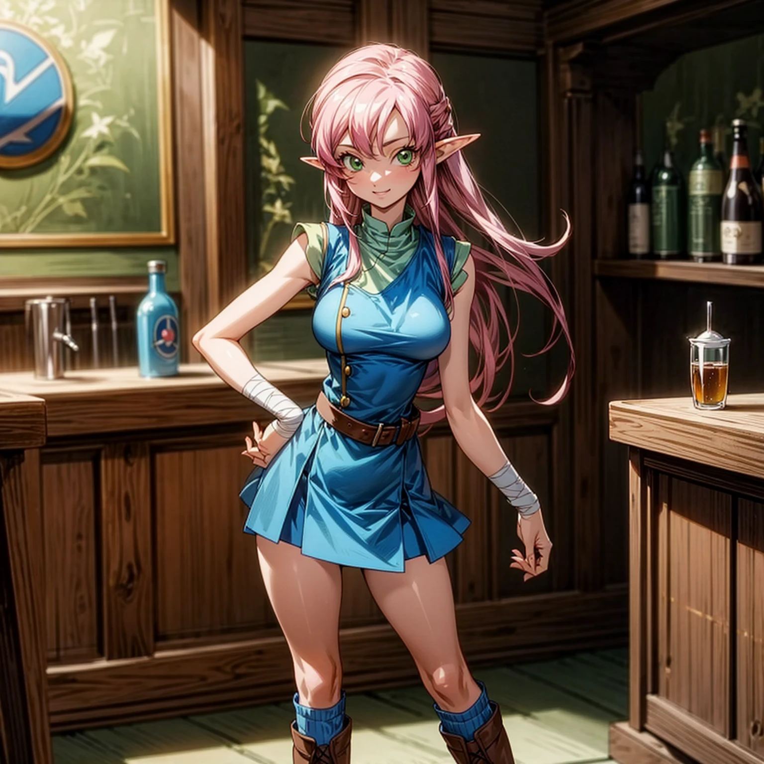 Solo character, full body version, girl, (elf), green eyes, pink color hair, long haircut, blue sleeveless t-shirt, long brown skirt, bandage, boots, indoor, village, bar, kitchen, medieval, detailed background, detailed clothing, detailed hair, happy eyes, smile mouth, big breast, standing gesture, (one piece style art, Doraemon style art)