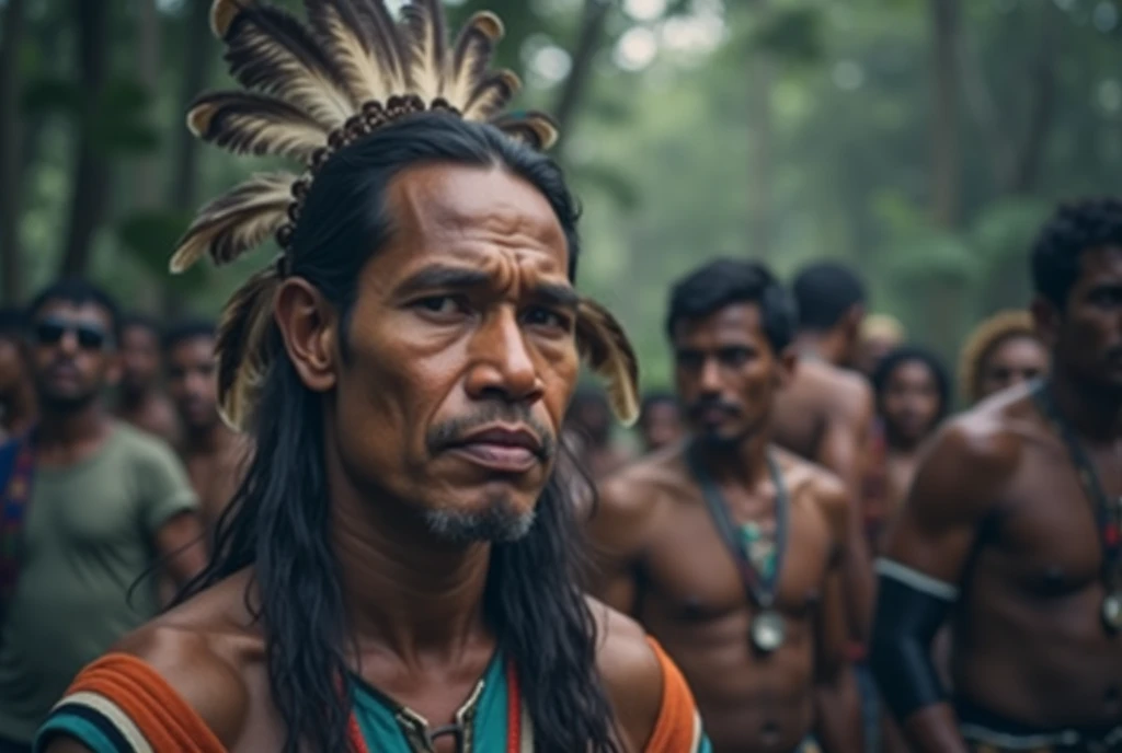 (((indigenous man))) best qualityer, very high resolution, Detailed CG in 4K, work of art, Amazon Brazil, Indigenous, Indigenous tribes, Indigenous city, forst, aesthetics, Beautiful picture, centered on screen, whole body