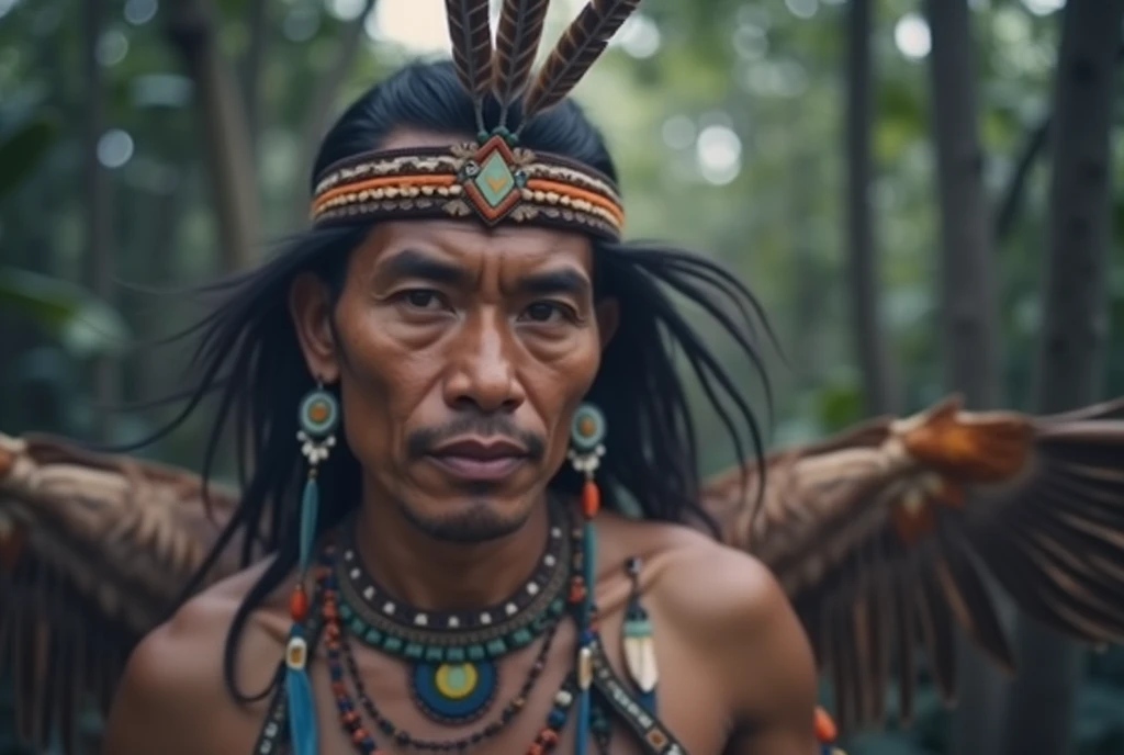 (((indigenous man))) best qualityer, very high resolution, Detailed CG in 4K, work of art, Amazon Brazil, Indigenous, Indigenous tribes, Indigenous city, forst, aesthetics, Beautiful picture, centered on screen, whole body