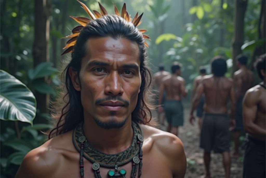(((indigenous man))) best qualityer, very high resolution, Detailed CG in 4K, work of art, Amazon Brazil, Indigenous, Indigenous tribes, Indigenous city, forst, aesthetics, Beautiful picture, centered on screen, whole body