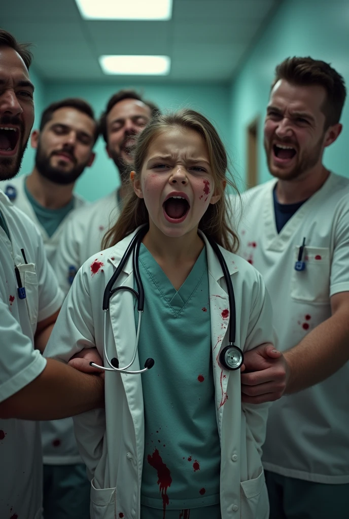 A girl is a doctor, she has a stethoscope around her neck, she is crying, there is blood on her clothes, she is screaming, a man is holding her from behind, three more men are standing around her and they are also laughing.
