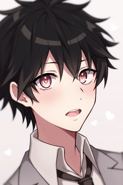 bangs, Droopy eyes, Three white eyes, Yandere, Hearts in eyes, Black Hair, 斜めbangs, Natural curls, Inner Color, Very short hair, Simple Background, Background blur, Japanese illustration style, male,Mash Hair,Pink Eyes,long collar hair,ピンク色のInner Color
