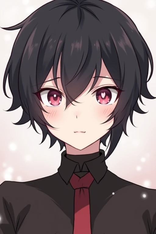 bangs, Droopy eyes, Three white eyes, Yandere, Hearts in eyes, Black Hair, 斜めbangs, Natural curls, Inner Color, Very short hair, Simple Background, Background blur, Japanese illustration style, male,Mash Hair,Pink Eyes,long collar hair,ピンク色のInner Color