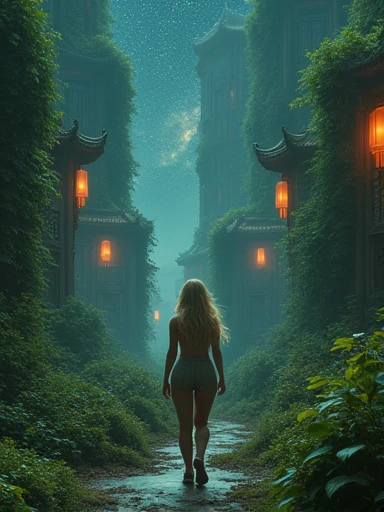 surreal architecture, surreal abandoned buildings, abandoned flying future city,decrepit,Broken,Armageddon,Dilapidated building,Buildings overgrown with plants,Chinese style buildings. Sexy curvy body.round face. Large breast ((95Dd)).
BREAK
An ultra hot gorgeous (European) woman, age 23. She’s a playmate and men magazine model. Blonde hair. Green eyes. walking. Perfect anatomy, perfect hair, perfect breast, perfect body, perfect hands, perfect face, perfect eyes, accurate, anatomically correct,
BREAK
(At night) Black starry sky,Spooky atmosphere. Full body shot.
perfect clear and crisp focus, UHD, masterpiece,
