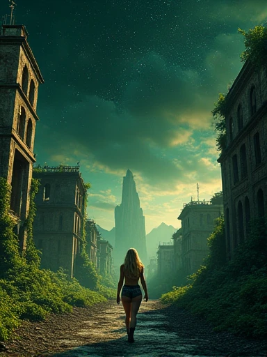 surreal architecture, surreal abandoned buildings, abandoned flying future city,decrepit，Broken，Armageddon，Dilapidated building，Buildings overgrown with plants，Chinese style buildings. Sexy curvy body.round face. Large breast ((95Dd)).
BREAK
An ultra hot gorgeous (European) woman, age 23. She’s a playmate and men magazine model. Blonde hair. Green eyes. walking. Perfect anatomy, perfect hair, perfect breast, perfect body, perfect hands, perfect face, perfect eyes, accurate, anatomically correct,
BREAK
(At night) Black starry sky，Spooky atmosphere. Full body shot.
perfect clear and crisp focus, UHD, masterpiece,