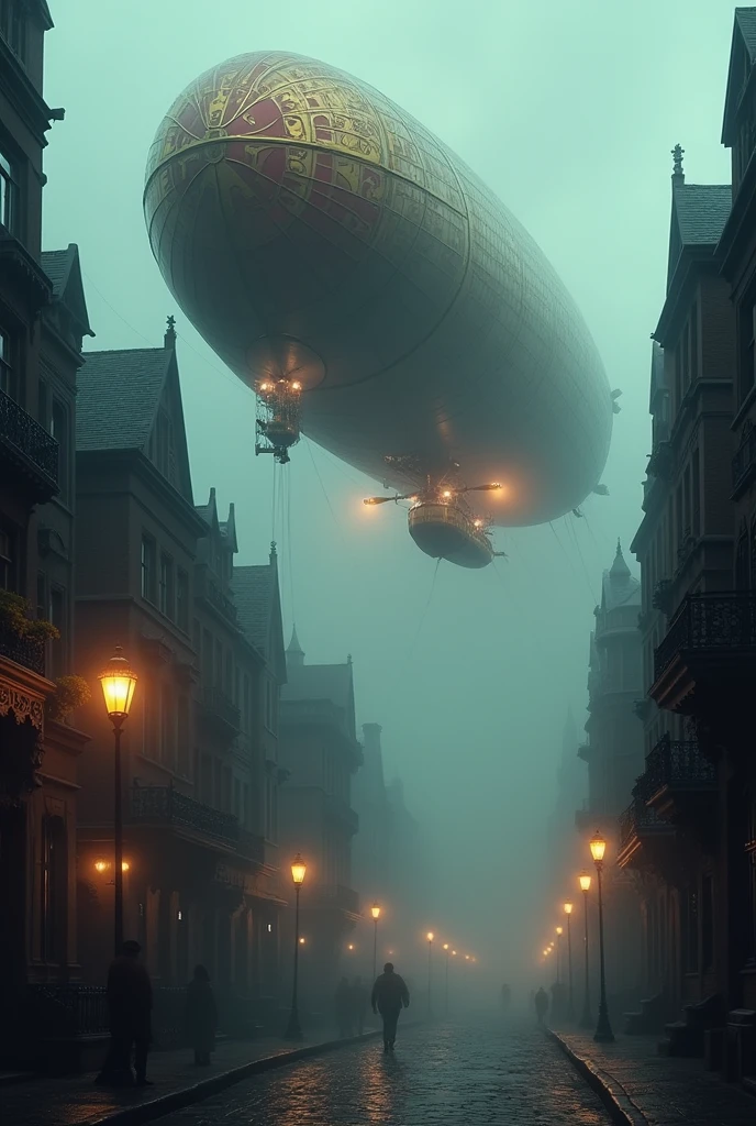 A massive, ornate airship with brass propellers, glowing engines, and a balloon decorated with intricate patterns, floating above a fog-covered Victorian city.