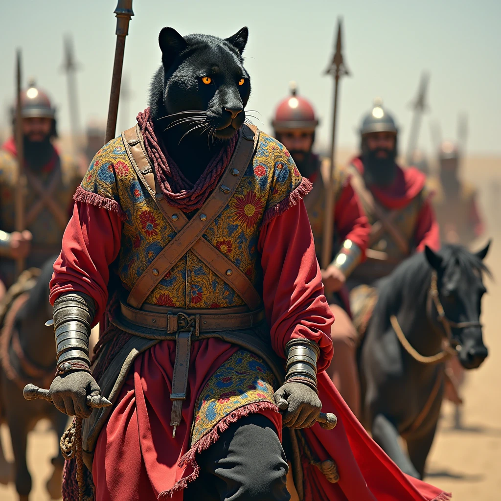 Pashtoon warriors with swords and black jaguar bright colours
