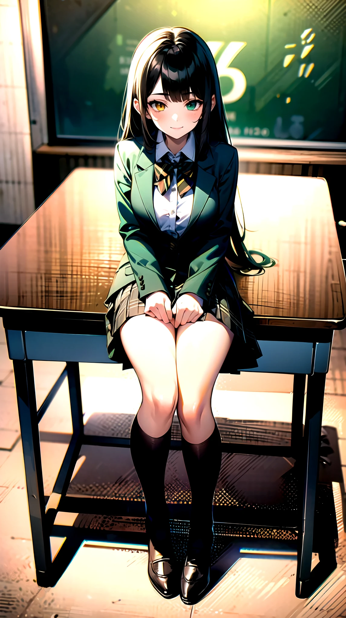 （（super high quality,Ultra-high resolution,4K,8k,super masterpiece,Ultra HD ,Detailed shading））,Full body photo,night classroom,1 high school girl,dark green blazer,White dress shirt unbuttoned to the second button,Yellow and black striped bowtie,Brown plaid mini skirt,Black tights,Extremely long, straight, black hair,Side-swept bangs,Heterochromia of orange and green,Sharp gaze with raised eyebrows,smile,Sit at a desk,