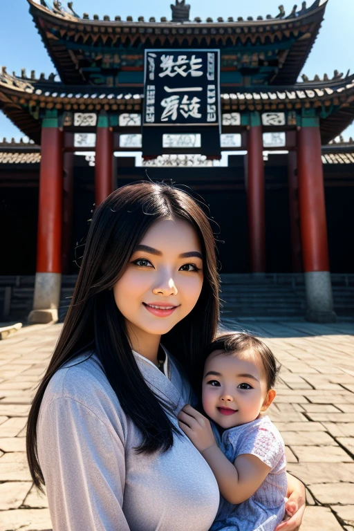 {{masterpiece, Best quality, extremely detailed computer graphics, unity 8k wallpaper, cinematic lighting}}, traditional chinese ink painting, 1 girl, 1child, young woman holding baby, whole body, ancient architecture, blue sky, sunny day, wooden architecture, outstanding protagonist, smile, big eyes, beautiful detailed eyes, (big breasts, split), round ass, I look at the audience, long eyelashes,