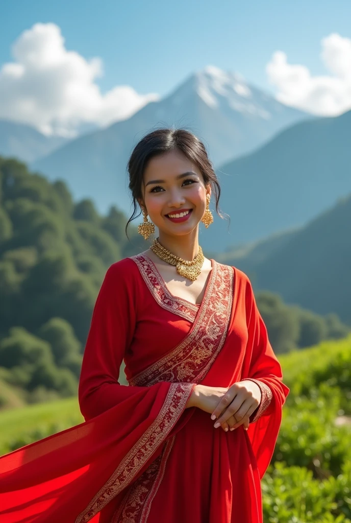 (photorealism:1.2), beautiful woman, standing, wearing red nepali traditional dress, smiling