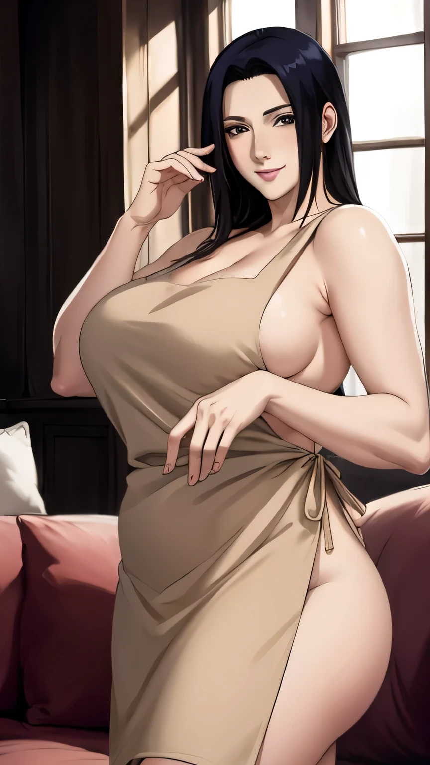 Mikoto Uchiha, milf, mature woman 30 years old, standing, ultra-detailed, realistic, soft lighting, (best quality,4k,8k,highres,masterpiece:1.2), (big breasts), professional, ((naked)), long black hair, black eyes, beautiful detailed eyes and face, extremely detailed smile, blush face, sad smiling, long eyelashes, looking at viewer, busty, big ass, big tits, showing her pussy, apron, pubic hair, living room.