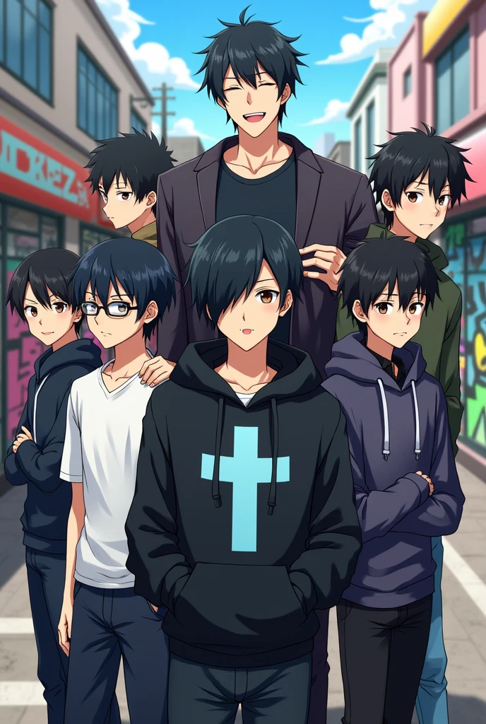 7 anime boys. 1st is the only one wears glasses. 2nd is really short. 3rd one is a bit fat. Forth one wears a black hoodie and have a light blue cross on it. 5th one is tall. 6th one is normal. 7th one is normal. All has black hair.