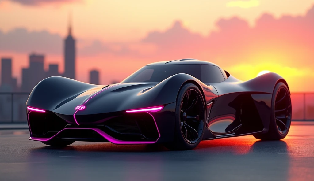 A futuristic, sleek, and aerodynamic vehicle with a black body and vibrant pink accents. The car is equipped with large, powerful engines on either side, suggesting its ability to fly or achieve incredible speeds. The design is sharp and angular, with a low profile and a prominent windshield. The car is parked on a tarmac, with a blurred cityscape and a sunset sky in the background. The image evokes a sense of speed, power, and innovation. [Photorealistic digital art, inspired by the style of science fiction movies and concept art], [Warm, sunset lighting, focus on the car, shallow depth of field, blurred background, realistic textures, sharp details]