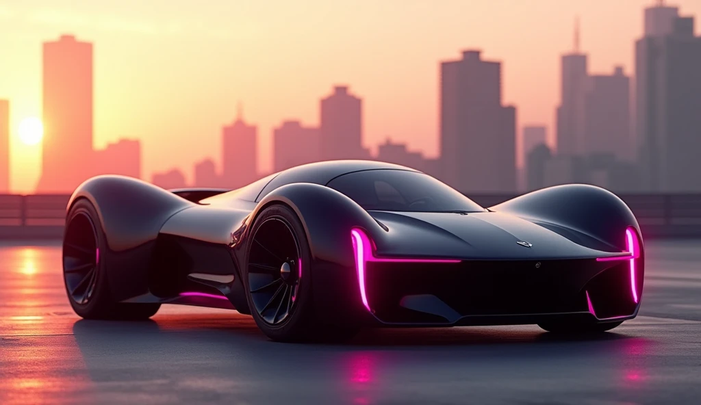 A futuristic, sleek, and aerodynamic vehicle with a black body and vibrant pink accents. The car is equipped with large, powerful engines on either side, suggesting its ability to fly or achieve incredible speeds. The design is sharp and angular, with a low profile and a prominent windshield. The car is parked on a tarmac, with a blurred cityscape and a sunset sky in the background. The image evokes a sense of speed, power, and innovation. [Photorealistic digital art, inspired by the style of science fiction movies and concept art], [Warm, sunset lighting, focus on the car, shallow depth of field, blurred background, realistic textures, sharp details]