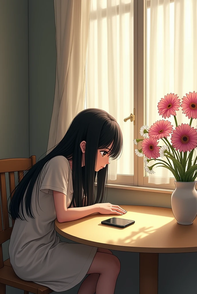 A 20-year-old woman, with a cute room, a large window in a Western-style building, a Western-style room, a table(A round beige table)A woman with long black hair, looking like a human character from a manga, sits hunched over a table with a white curtain behind her. She has a melancholic, lonely expression with her eyes open, revealing brown irises. An iPhone rests on the table. There's a vase with pink gerberas and white small flowers on the windowsill, next to the white vase. The woman's profile shows a sorrowful expression. The detail is exquisite, capturing the woman's sadness beautifully.
