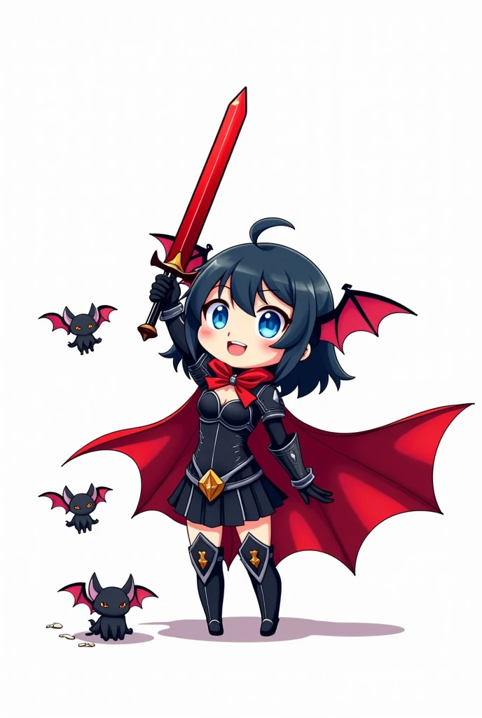 Chibi Style, 2D, anime, Vampire girl raises her sword, Vampire Fangs, Bat Wings, floating, Red Cape, Black lightweight armor, Two cute bat pets, (Simple white background)