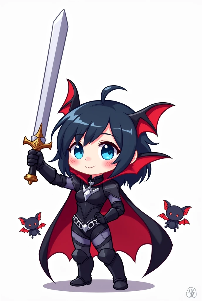 Chibi Style, 2D, anime, Vampire girl raises her sword, Vampire Fangs, Bat Wings, floating, Red Cape, Black lightweight armor, Two cute bat pets, (Simple white background)