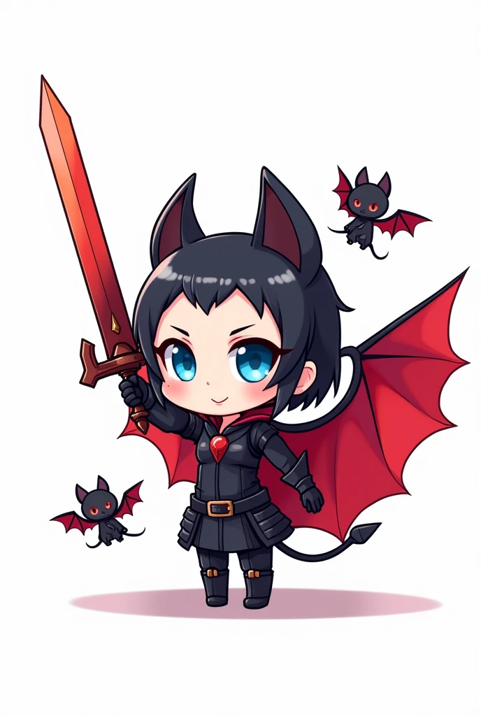 Chibi Style, 2D, anime, Vampire girl raises her sword, Vampire Fangs, Bat Wings, floating, Red Cape, Black lightweight armor, Two cute bat pets, (Simple white background)