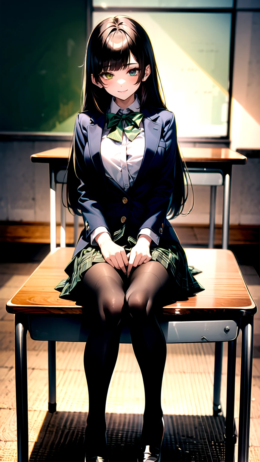 ((super high quality,Ultra-high resolution,4K,8k,super masterpiece,Ultra HD ,Detailed shading)),Full body photo,night classroom,1 high school girl,dark green blazer,White dress shirt unbuttoned to the second button,Yellow and black striped bowtie,Brown plaid mini skirt,Black tights,Extremely long, straight, black hair,Side-swept bangs,Heterochromia of orange and green,Sharp gaze with raised eyebrows,smile,Sit at a desk,