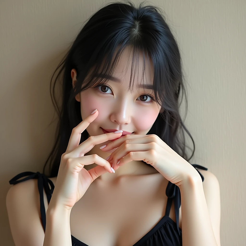 Japanese women。Beautiful face in every detail。Early 20 years old。Fair skin、Black hair and downcast eyes。Lips are baby pink, giving off a pure impression。日傘を持ち自然光の下でTaking a selfie。Clothing is a black camisole dress。Thin shoulder straps are tied in a ribbon knot on both shoulders。One hand covers the mouth、Holding a smartphone with one hand、Taking a selfie。