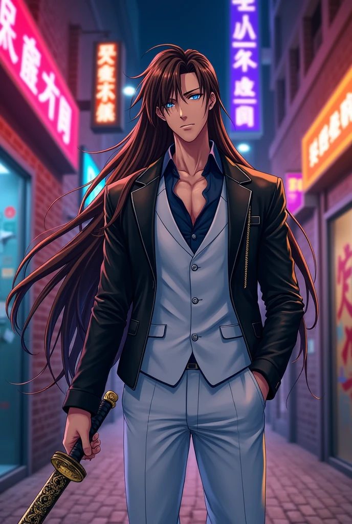 An anime man wearing a leather jacket and a white suit, with long brown hair and two-colored eyes, one blue and the other black, And he's holding a