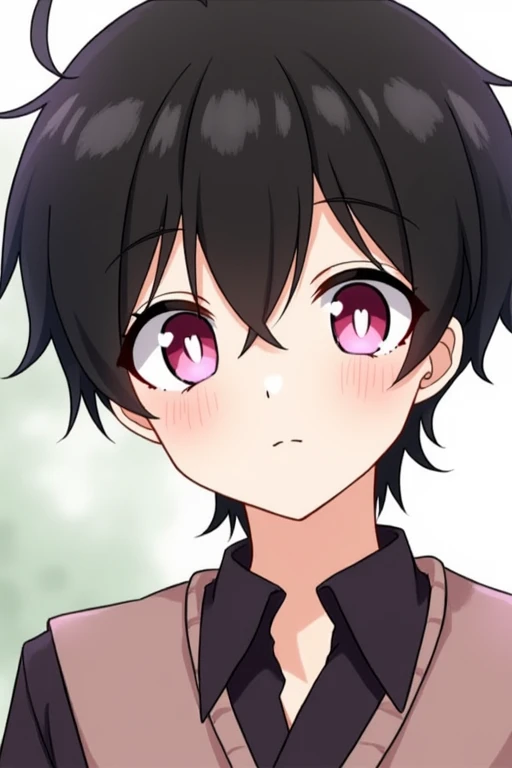 bangs, Droopy eyes, Three white eyes, Yandere, Hearts in eyes, Black Hair, 斜めbangs, Natural curls, Inner Color, Very short hair, Simple Background, Background blur, Japanese illustration style, male,Mash Hair,Pink Eyes,Nape,Collar hair,ピンク色のInner Color
