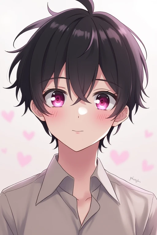 bangs, Droopy eyes, Three white eyes, Yandere, Hearts in eyes, Black Hair, 斜めbangs, Natural curls, Inner Color, Very short hair, Simple Background, Background blur, Japanese illustration style, male,Mash Hair,Pink Eyes,Nape,Collar hair,ピンク色のInner Color