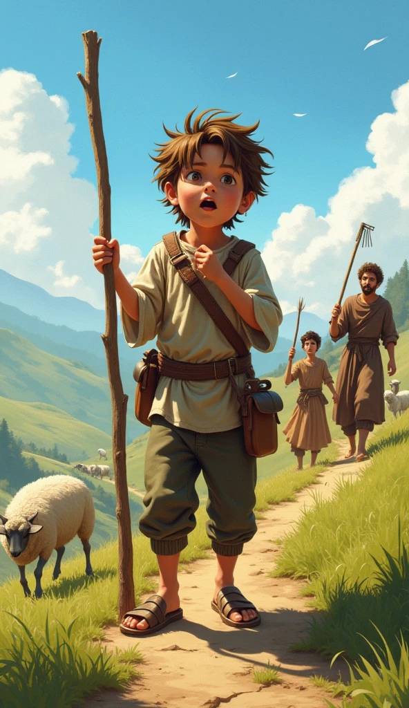 The boy stands on the hilltop, cupping his hands around his mouth as he shouts. In the background, the villagers are seen running up the hill with worried expressions, holding sticks, rakes, and other tools. The sheep are still grazing calmly, unaware of the commotion.
The Shepherd Boy is 10-. A young boy with tousled brown hair, bright eyes, and a youthful face. He wears simple, rugged clothes typical of a shepherd—loose tunic, shorts or trousers, and sandals. He carries a shepherd's staff, which he leans on when watching over the sheep.
The villagers are hardworking, practical, and concerned about the safety of their community. Villagers Are mix of men and women, mostly adults and elders. They wear simple, rustic clothing suited to a rural lifestyle—long skirts, tunics, aprons, and headscarves.