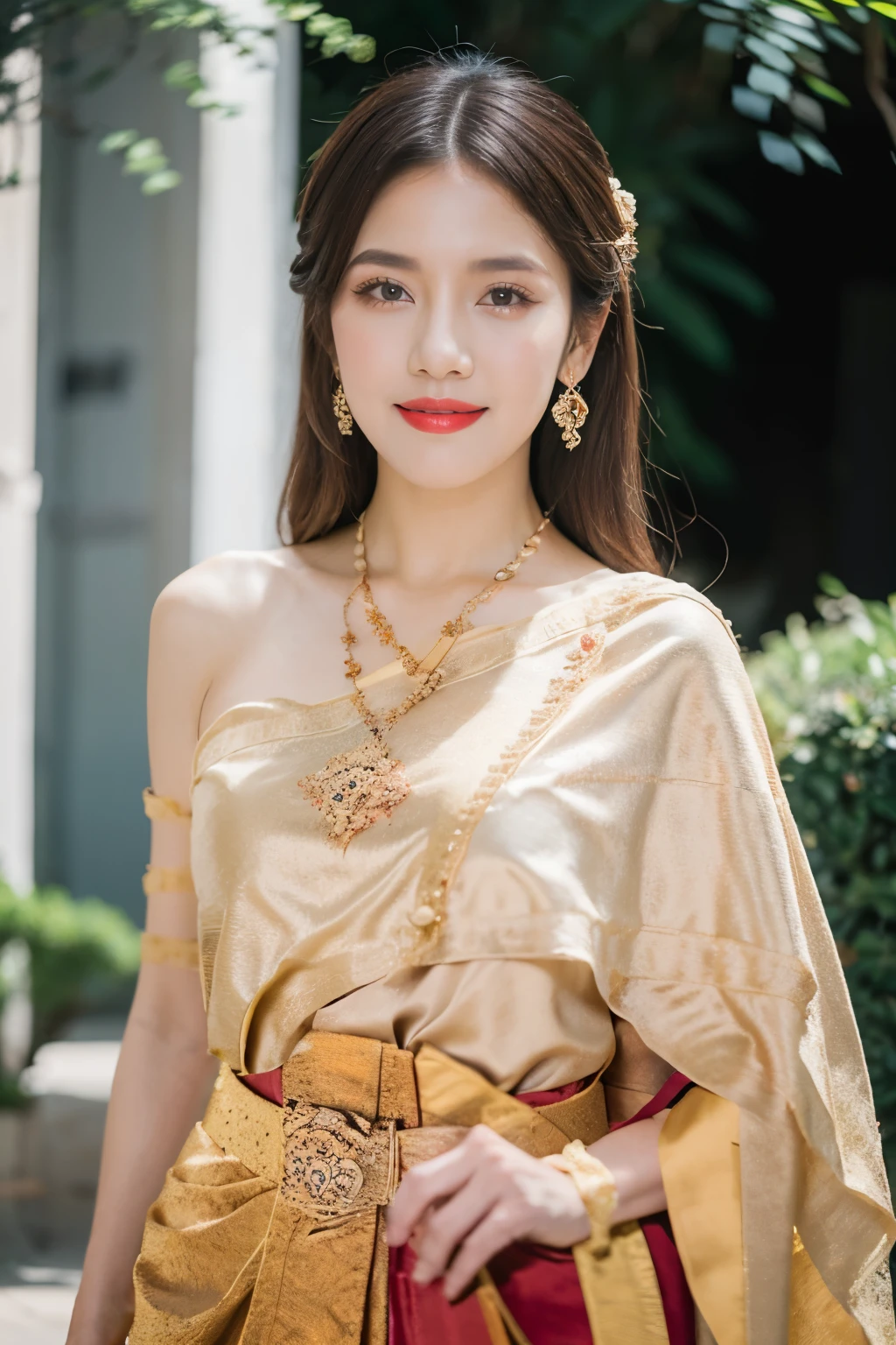 Detailed faces, Clear face, Beautiful Girl, Asian makeup, Red lips, Smile, Brown hair, Crown, half body, big breasts, Thai fairy costume, Thai vintage style, Antique, mid-sexy dress, Red costume, HD, Random Pose, Evening light, flower garden background.