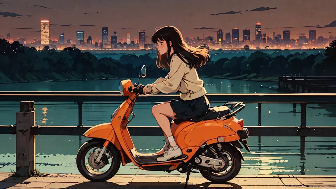 A girl riding an orange scooter, wearing casual and white shoes, with the city skyline in the background, a river flowing beside her, and vinyl records floating above. In the style of anime, soft lighting, high resolution, sharp focus, digital art, panoramic view, The image has a retro, anime-inspired art style