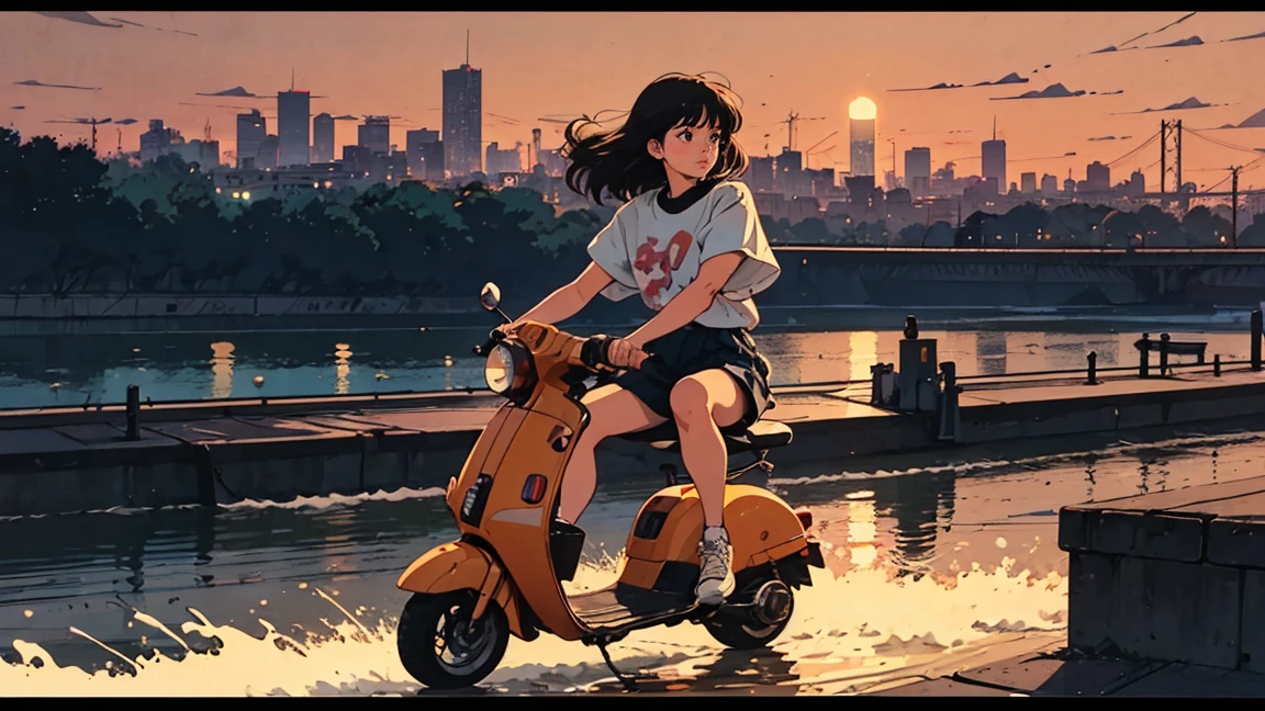 A girl riding an orange scooter, wearing casual and white shoes, with the city skyline in the background, a river flowing beside her, and vinyl records floating above. In the style of anime, soft lighting, high resolution, sharp focus, digital art, panoramic view, The image has a retro, anime-inspired art style 