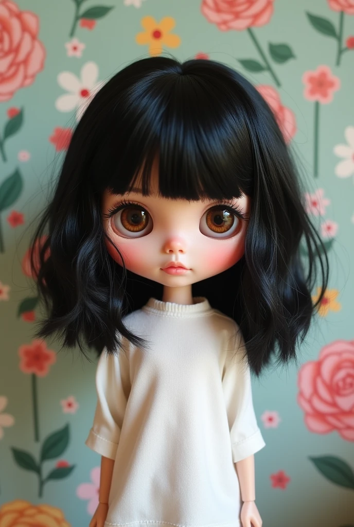 Blythe doll with black layered hair, DOESN'T HAVE A BANGS, a small brown eyes that looks like a cat’s eyes, is wearing a white shirt and NO CAT EARS.